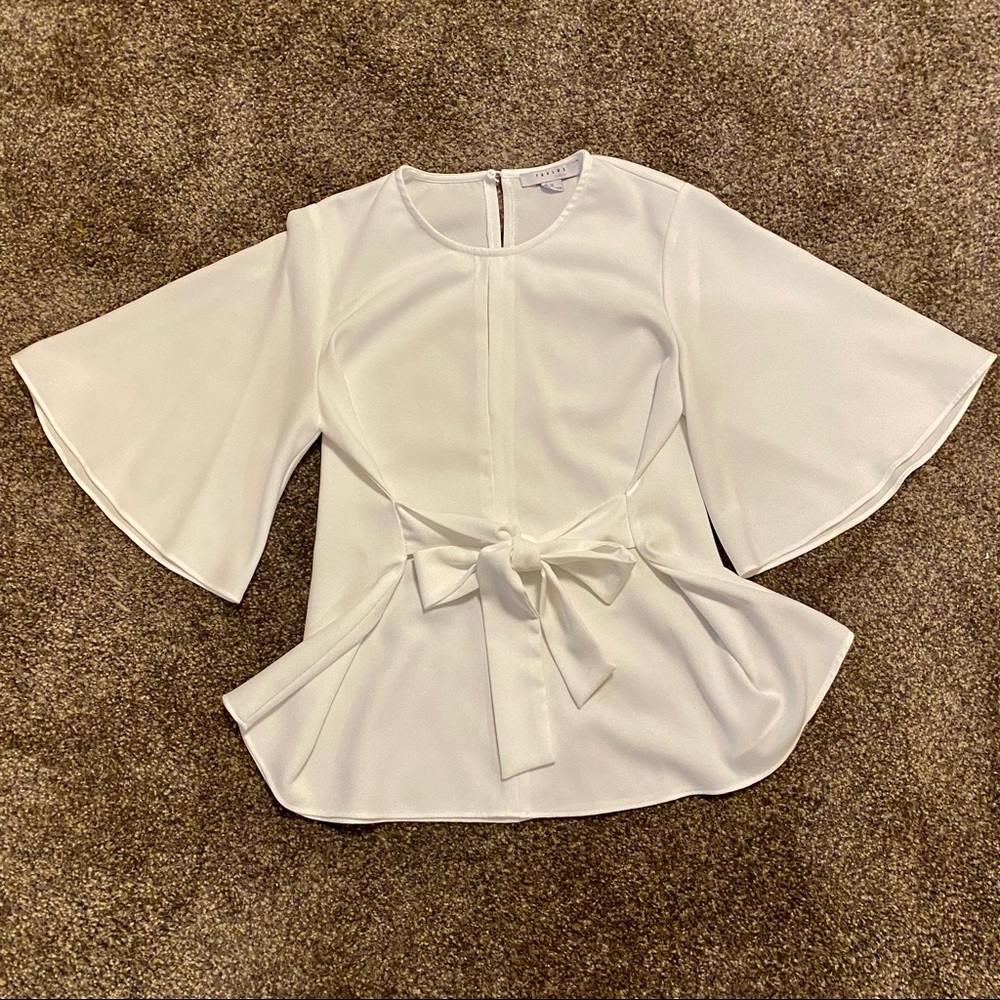 FAVLUX White Flowy Blouse with Keyhole Detail and Bell Sleeves